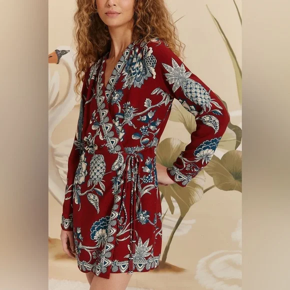 FARM Rio Dress Tropical Landing Red Wrap Long Sleeve V-Neck Mini Dress Medium